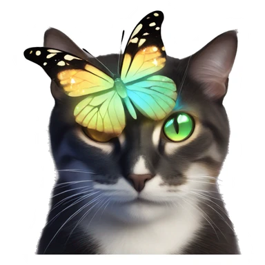 Dark iridescent butterfly glowing on top of cats head  sticker