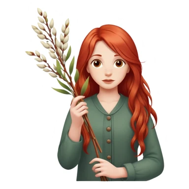 A girl with long red hair holds pussy willow branches in her hands sticker