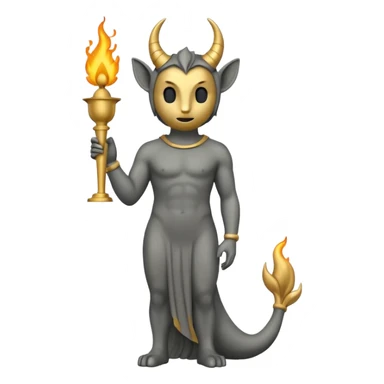 Minimalist emoji-style sticker of a full-body Oscar-like statue in matte gray-gold, with small horns, sharp tail, and faint flames at the base, all in black and muted hues sticker