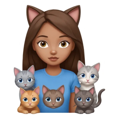 a pretty bratz dusky girl with long brown hair, blue eyes with six cats nd wearing a grey tshirt sticker