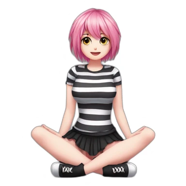 Full body Front view curvy emo girl pink hair sits on the floor straight view hands up black skirt striped torn stockings sticker