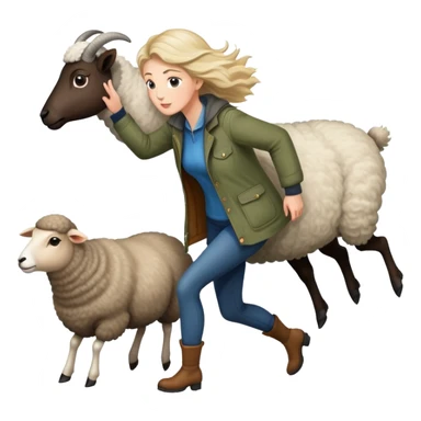 A beautiful tall girl with fair skin wearing a jacket chasing a Shetland sheep sticker