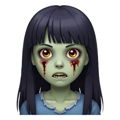 Emoji de guria zombie com cabelo longo, escuro e liso com franja, olhos escuros e boca pequena. sticker