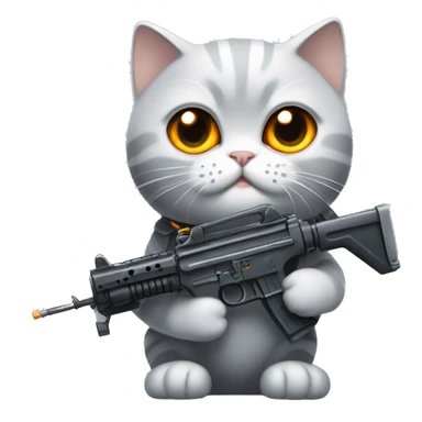 A British Shorthair cat with orange eyes holding a machine gun in its paw. sticker