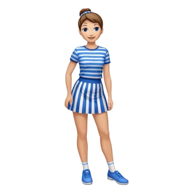 smiling girl Pretty 50-year-old woman with 1 miniskirt that is blue and white striped brown hair in bun blue eyes and pretty legs sticker