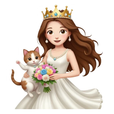 White woman - long hair - white wedding dress - holding a kitten - happy - jumping - stylish - elegant - bouquet - dreamy - colorful - wearing a crown - pearl accessories sticker