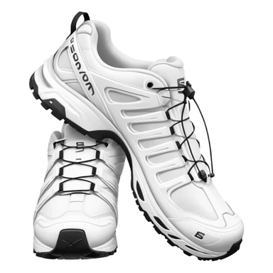 Pure white Salomon XT-6 shoes with zero colored elements, one arranged behind the other, minimal iOS emoji aesthetic, clean white sneakers sticker