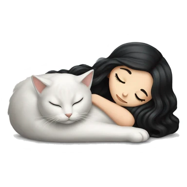 A pretty white girl with very long black hair and sleeping curled up to a white cat  sticker