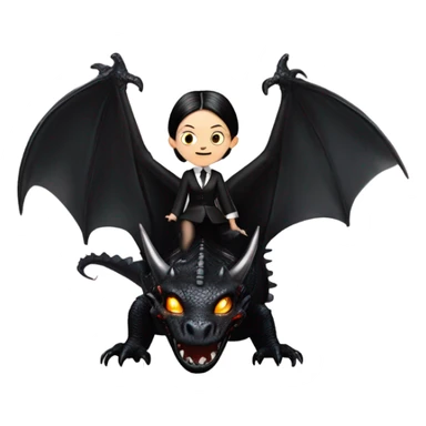 empowered and glamorously dressed, Teen Wednesday Addams Malibu Beach Barbie Jedi flying/riding on the back of a very large black shiny evil-looking fire-spewing horned dragon. proper scale sticker
