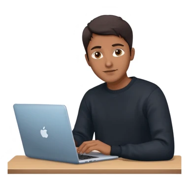 memoji of a man with a laptop, apple-style, modern, dark hair, black sweater, Indian brown skin, computer in hand, sitting at his desk, light blue gradient background sticker
