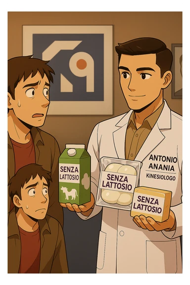 fai un webtoon manga a colori con questo stile, in cui un uomo ASCOLTA Il kinesiologo con il camice bianco (fagli anche la scritta "ANTONIO ANANIA" SUL CAMICE, IL KINESIOLOGO SPIEGA ALL'UOMO UNA MOSTRANDO VARI PRODOTTI DA SUPERMERCATO CONFEZIONATI (TIPO SCATOLA DI LATTE, MOZZARELLE CONFEZIONATE, FORMAGGIO CONFEZIONATO), OGNI CONFEZIONE HA LA SCRITTA "SENZA LATTOSIO SULL'ETICHETTA. L'UOMO OSSERVA IL KINESIOLOGO CON ESPRESSIONE CONFUSA IN VOLTO. non fare i fumetti però, fai solo in modo che sembri stiano parlando sticker