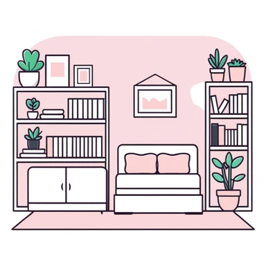 clean girl aesthetic bedroom with white furniture, pastel pink accents, neatly arranged books, potted plants sticker