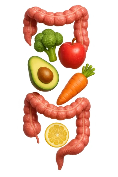 emoji stile iphone in 3d di cibo sano che fluttua in aria vericalmente insieme a pezzi di colon umano anatomico, iperrealistico 4k sticker