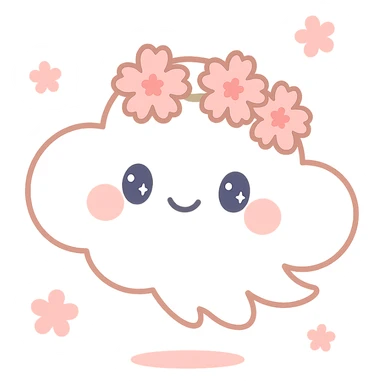 vanilla cloud doe with rosy cheeks, cherry blossom crown, floating witch-like grace, brand identity mascot for social media sticker