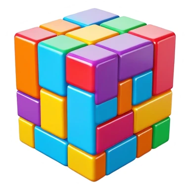 A 3D Tetris-style cube block with a smooth, glossy surface. Bright and vibrant colors, slightly reflective, with soft shadows. The cube should have a modern and playful look, resembling classic Tetris game aesthetics sticker