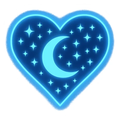 Add more stars to the heart with a crescent moon and stars, keep the dark blue background and glowing edges, no background. Maintain the style and glowing edges of the original image. sticker