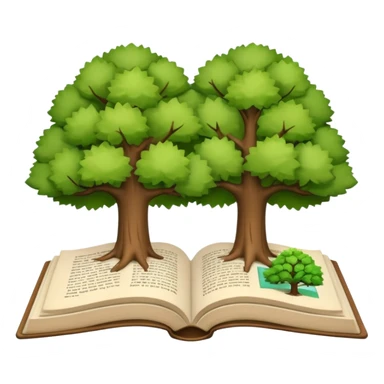 A 3D cartoon open book showing illustrations of two trees—one green and one dry—clean background, soft shadows, realistic Memoji-style look. sticker