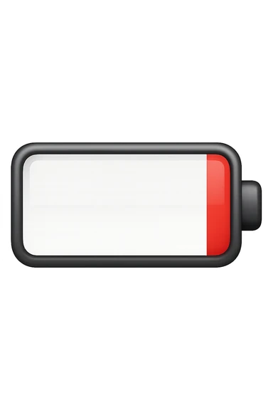 iPhone-style emoji of a battery that is almost empty, with a red bar at the end indicating low energy. Clean, minimal, glossy look, transparent background. sticker