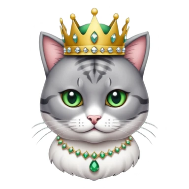 Gatito gris oscura con rayas negras ojos verdes vestida de reina con coronas y diamantes, más peluda y gordita  sticker