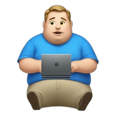 fat man in a blue shirt using a computer sticker