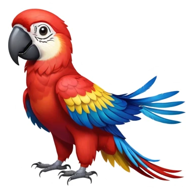 cinematic-macaw-realistic-full-body-standing-emoji,-vibrant-feathers-glowing-with-rich-reds,-blues,-and-yellows,-head-tilted-dramatically,-curved white-beak-gleaming,-piercing-dark-eyes-exuding-confidence,-simplified-yet-realistic-focused sticker