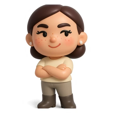 Edit the figure to have a cream-colored blouse, greige jeans, dark greige mid-calf Santiago boots, dark brown bob haircut tied back, small freshwater pearl earrings, rosy cheeks, eyelashes, light freckles, mischievous expression, arms crossed. No hat or other accessories. Transparent background. sticker