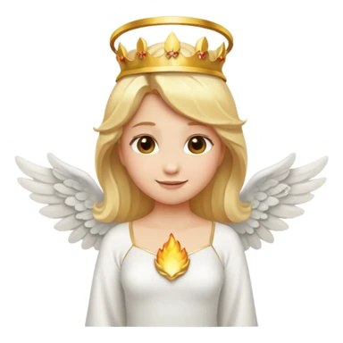 Emoji-style angel: blonde hair, golden flame crown, halo, large detailed wings, white dress, visible feminine body shape, cute smooth emoji look. sticker