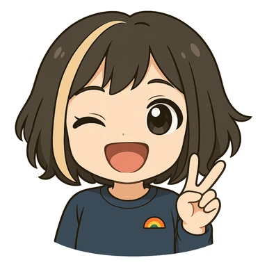 Edit this exact chibi girl in the same anime chibi style, keeping the same face, hair, and outfit. Remove the tears, add one eye winking, a big open-mouthed grin, and a peace sign with her hand. Make it suitable for Twitch emoji use with a transparent background. sticker