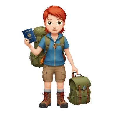 red haired Traveler character with passport, backpacker,  sticker