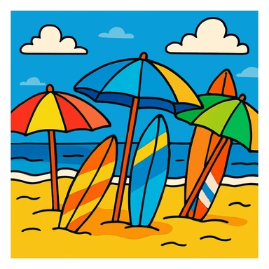 a vibrant cartoon beach with umbrellas and surfboards sticker