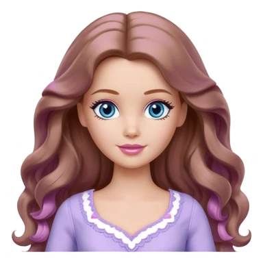 Barbie girl Chestnut long wavy hair and blue eyes is In pale purple clothes There are grey hearts above the head sticker