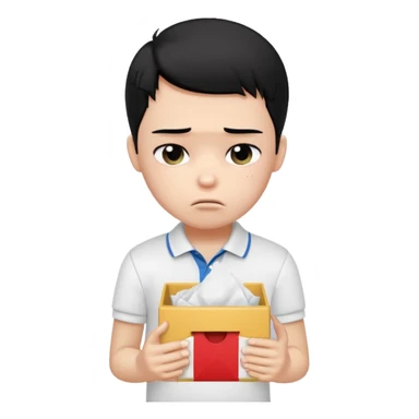 generate a pretty bratz boy with black hair, wearing a white polo shirt. Looking sad, holding a box of tissues sticker
