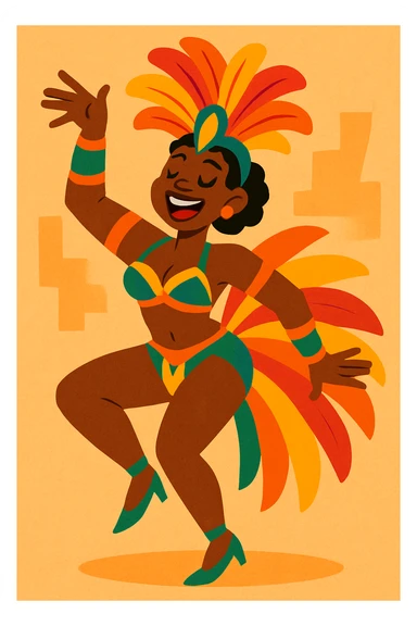 Black individual dancing samba, bright costume, rhythmic movement, celebratory mood sticker