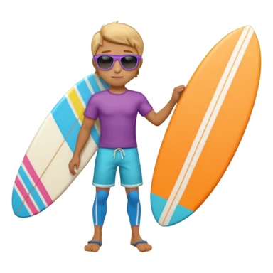 cute male surfer riding a wave, wearing shorts, sunglasses, holding balance, colorful surfboard, 3D cartoon, mobile game icon, clean background, no text sticker
