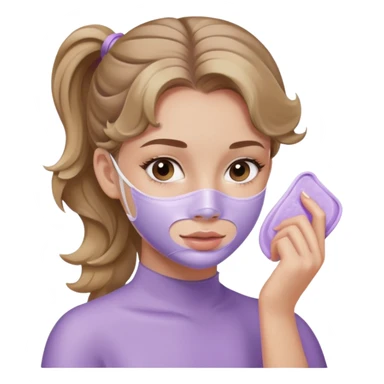 girl with wavy dark blonde hair one ponytail applying lilac skincare mask sticker