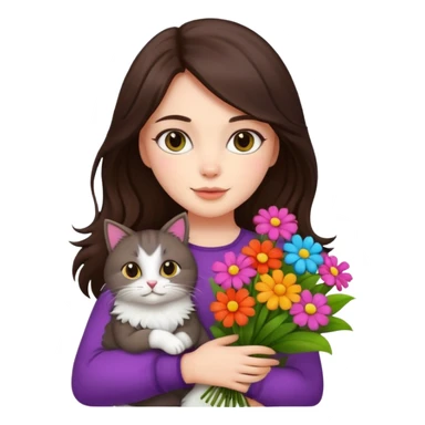 brunette woman holding bouqet and cat sticker