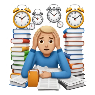 overwhelmed person surrounded by stacks of papers and clocks, drowning in routine and monotonous tasks, expressive and vibrant sticker