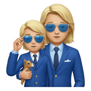 A blond man in a blue suit with a Colt pointing forward. The audience , and long hair and san glasses sticker