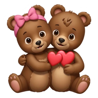 female bear with bow on her head and male bear hugging, couple, surrounded by hearts, playful and loving, cute, same height  sticker