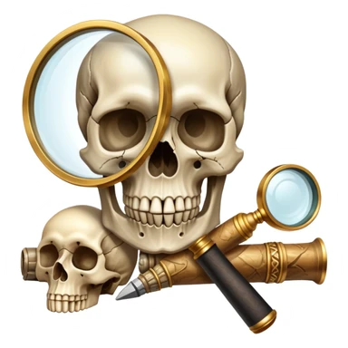 An icon showing a skull and ancient artifacts, representing anthropology. The design features a magnifying glass examining bones, fossils, and cultural symbols, symbolizing the study of human evolution and societies. Transparent background emphasizes the academic and exploratory nature. sticker
