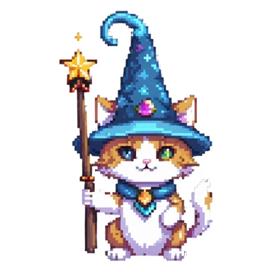 wizard cat with a pointy hat and magic wand sticker
