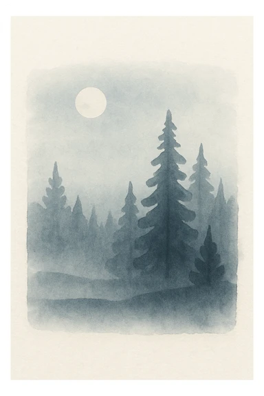 dark landscape painting, moonlit forest, mysterious, subtle blue and black tones, impressionist brushwork sticker