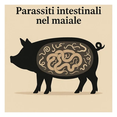 symbolic scene silhouette of a pig with intestine highlighted in transparency stylized parasites neutral background italian text 'Parassiti intestinali nel maiale' 4K quality sticker