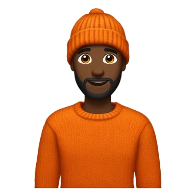 man wears an orange sweater and a black beanie, darkskin with beard sticker
