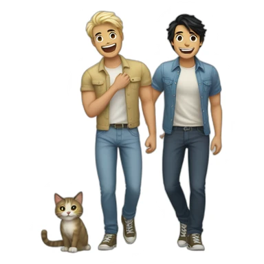 Gay couple, 1 guy Latino black hair and 1 Australian guy blonde hair with a cat laughing full body sticker