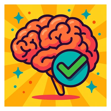 brain with a checkmark overlay, showing successful problem solving, vibrant cartoon style sticker