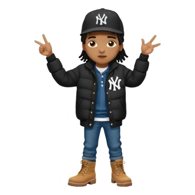 African American boy with short black dreadlocks wearing a black New York Yankees logo baseball cap wearing a black bubble winter coat wearing denim skinny jeans and timberland boots with hands pointing out at someone sticker