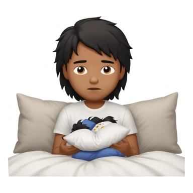 generate a pretty bratz brown skinned boy with black messy long hair wearing a white tshirt sitting in his in bed. Looking sleepy sticker