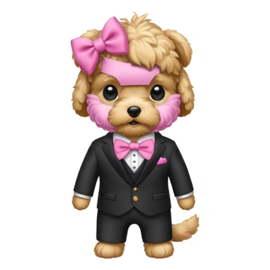 Golden maltipoo dog with pink bow k bow that is very poise make it have a suit on sticker