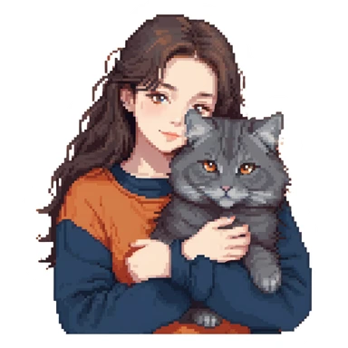 Brunette girl with dark blue sweatshirt snuggling a fluffy grey Siberian cat sticker